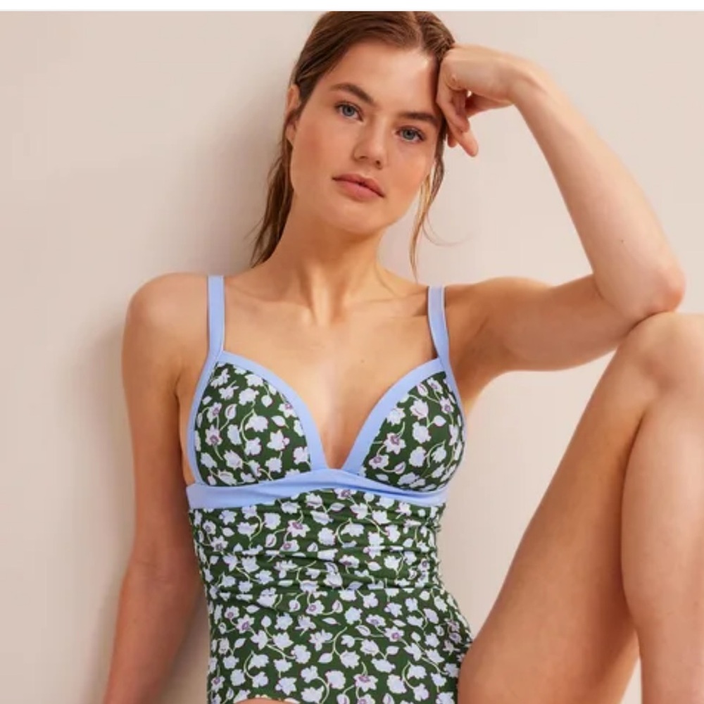 Boden Green Floral One-Piece Swimsuit with Light Blue Trim